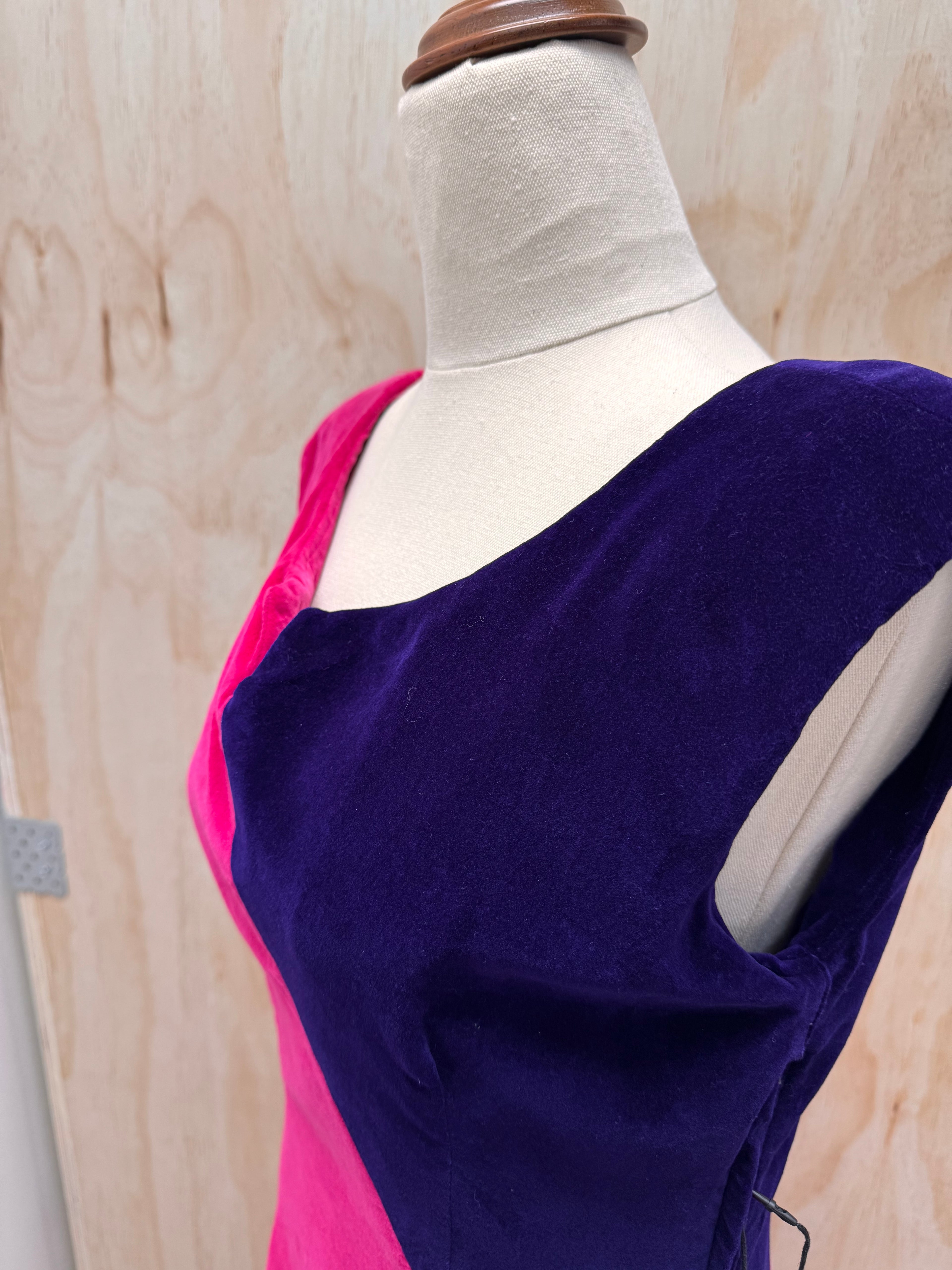 80s pink & purple asymmetrical velvet dress
