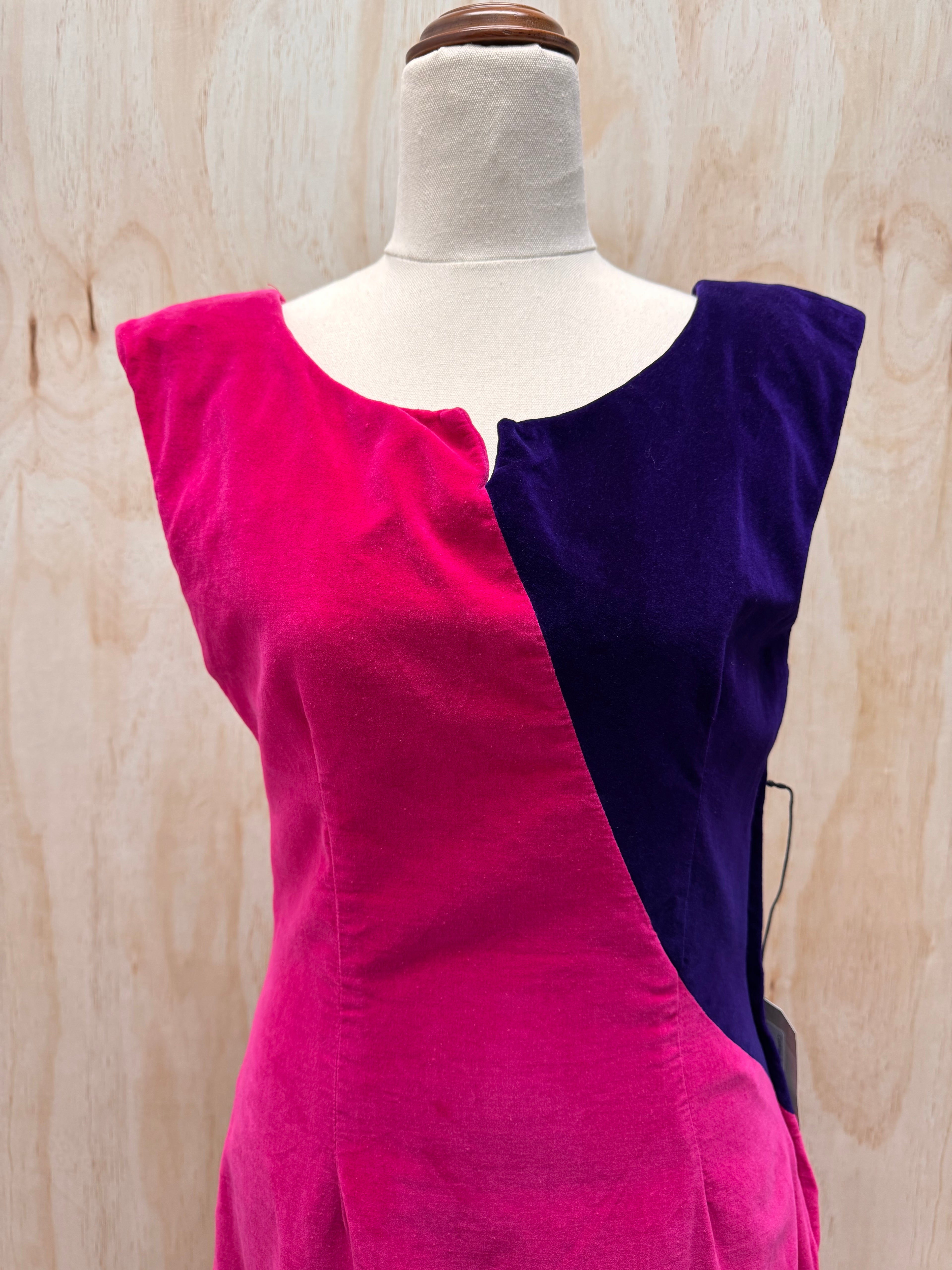 80s pink & purple asymmetrical velvet dress