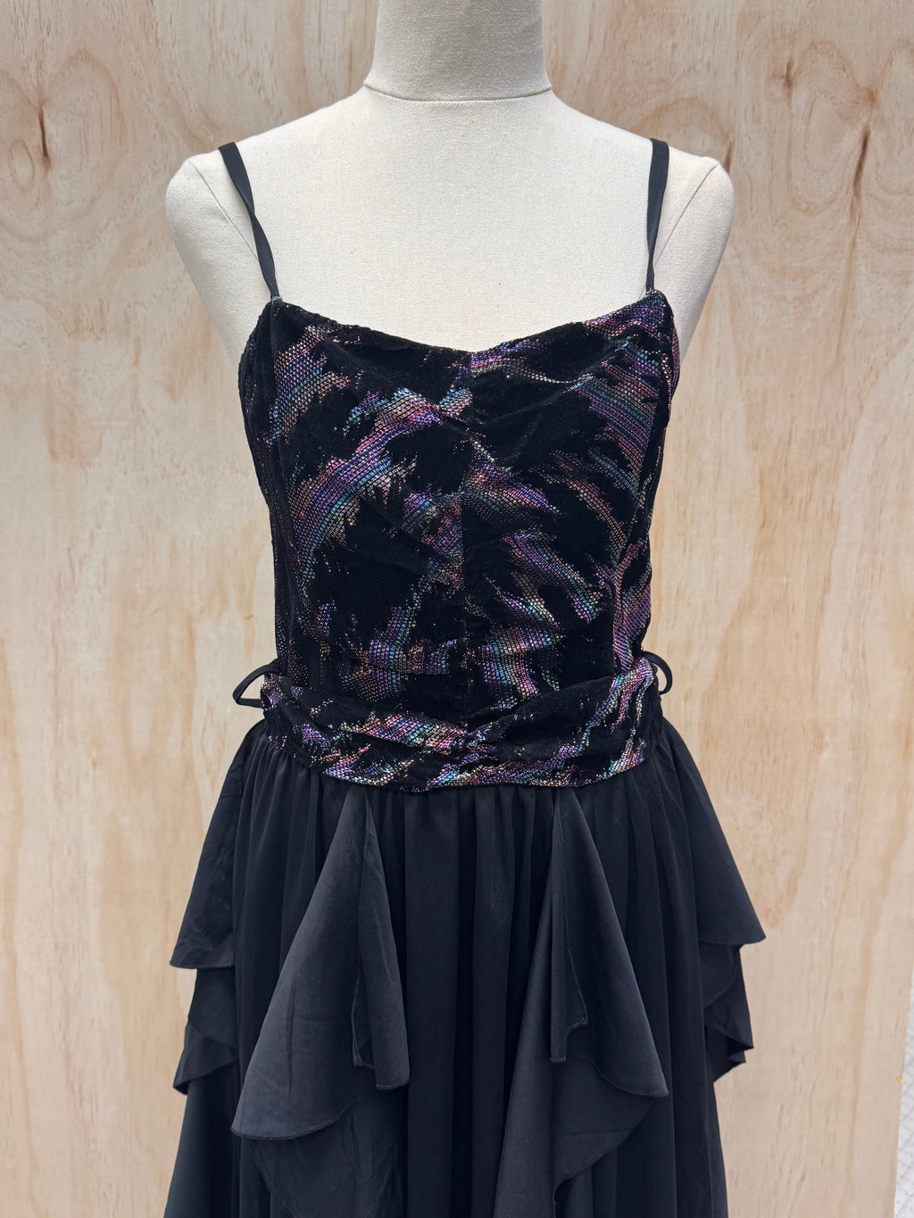 80s black ruffle midi dress