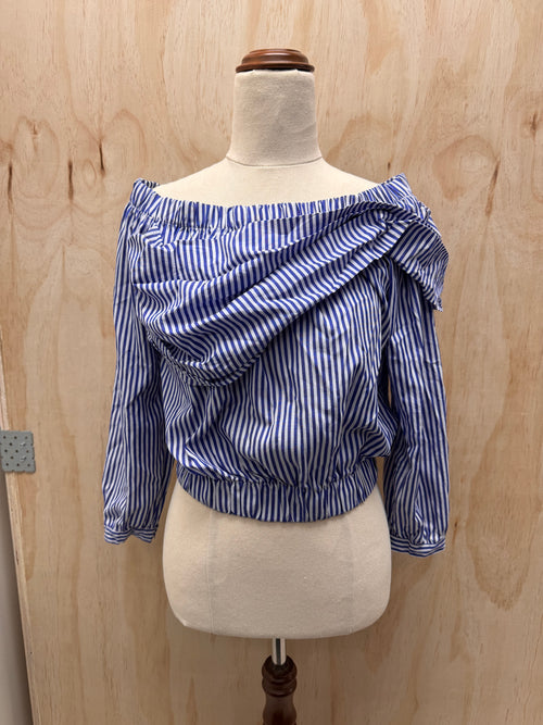 Blue Stripe Frill Blouse - Oxana - Small