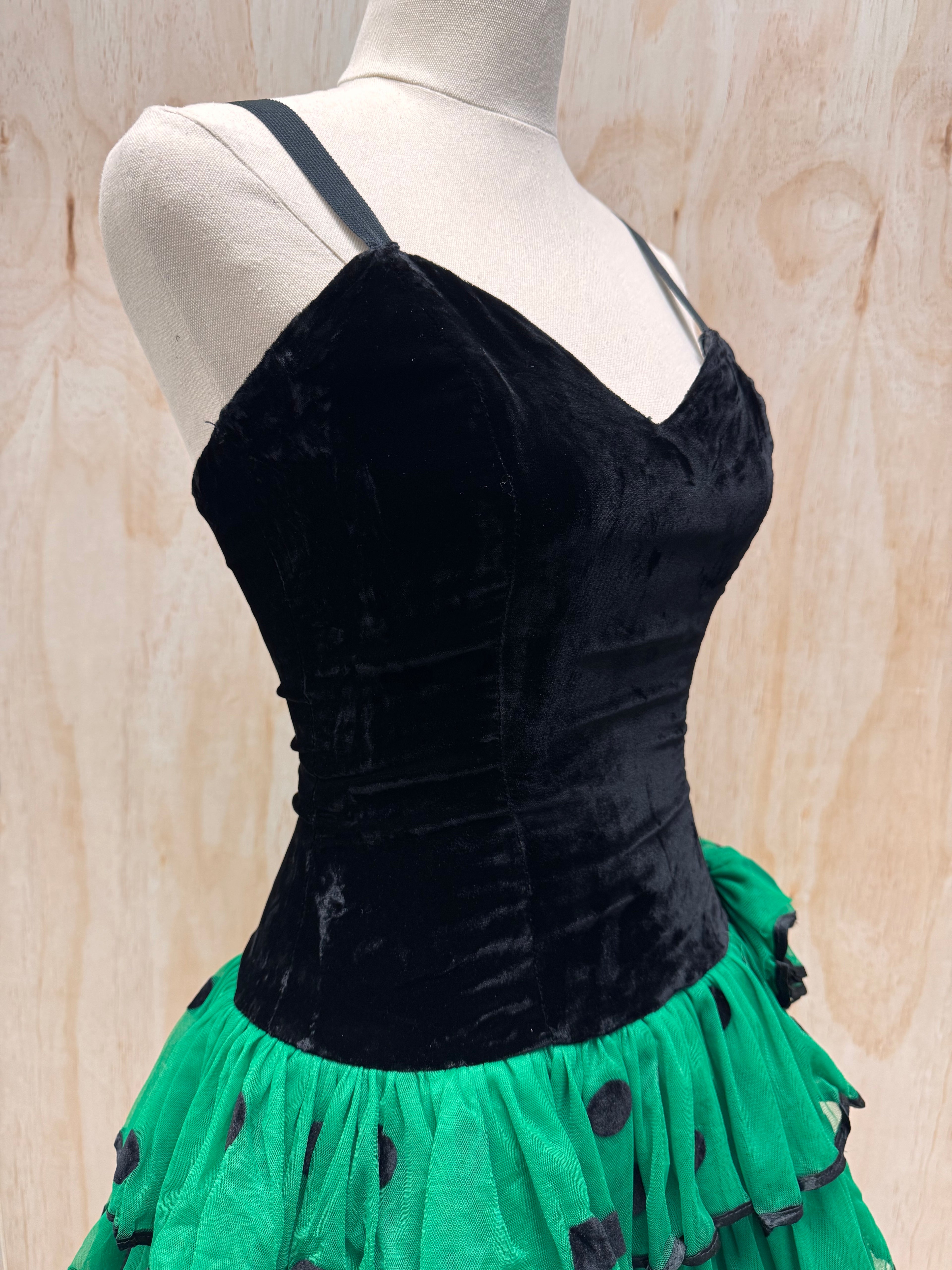 80s dress mini, green polka dot tulle skirt