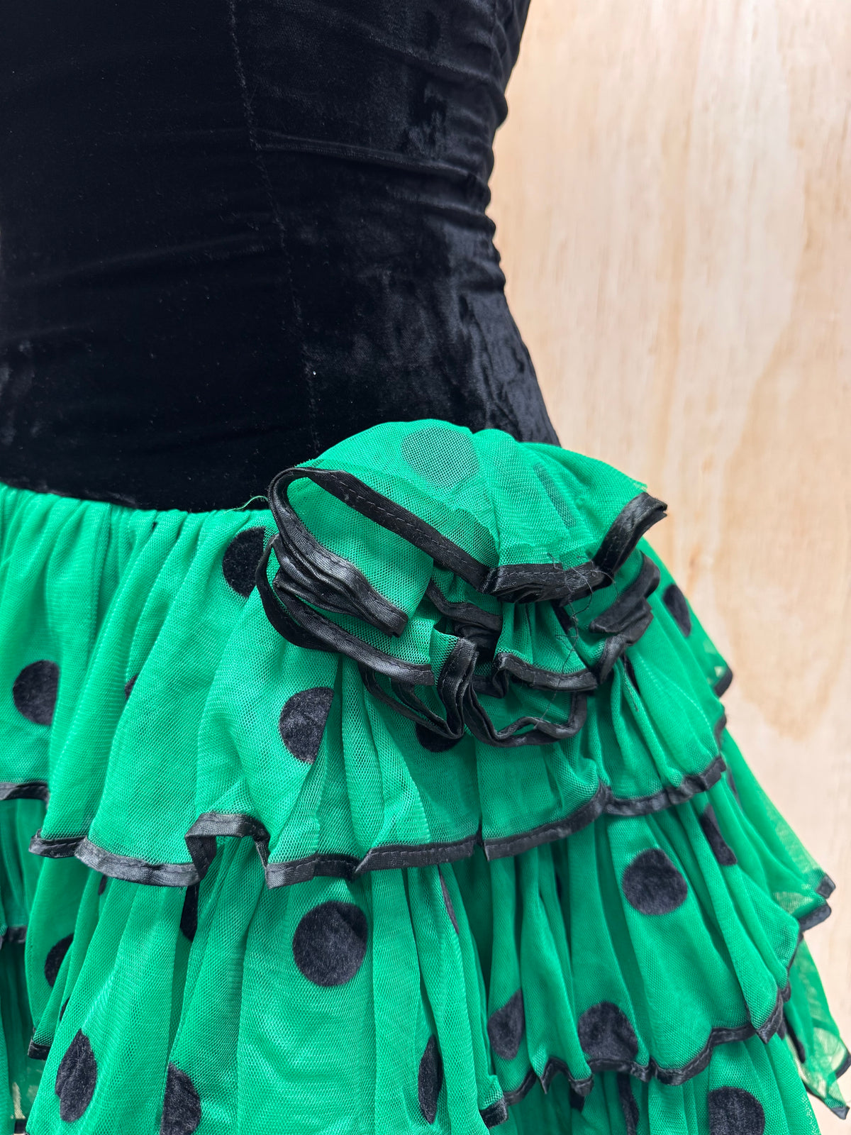 80s dress mini, green polka dot tulle skirt