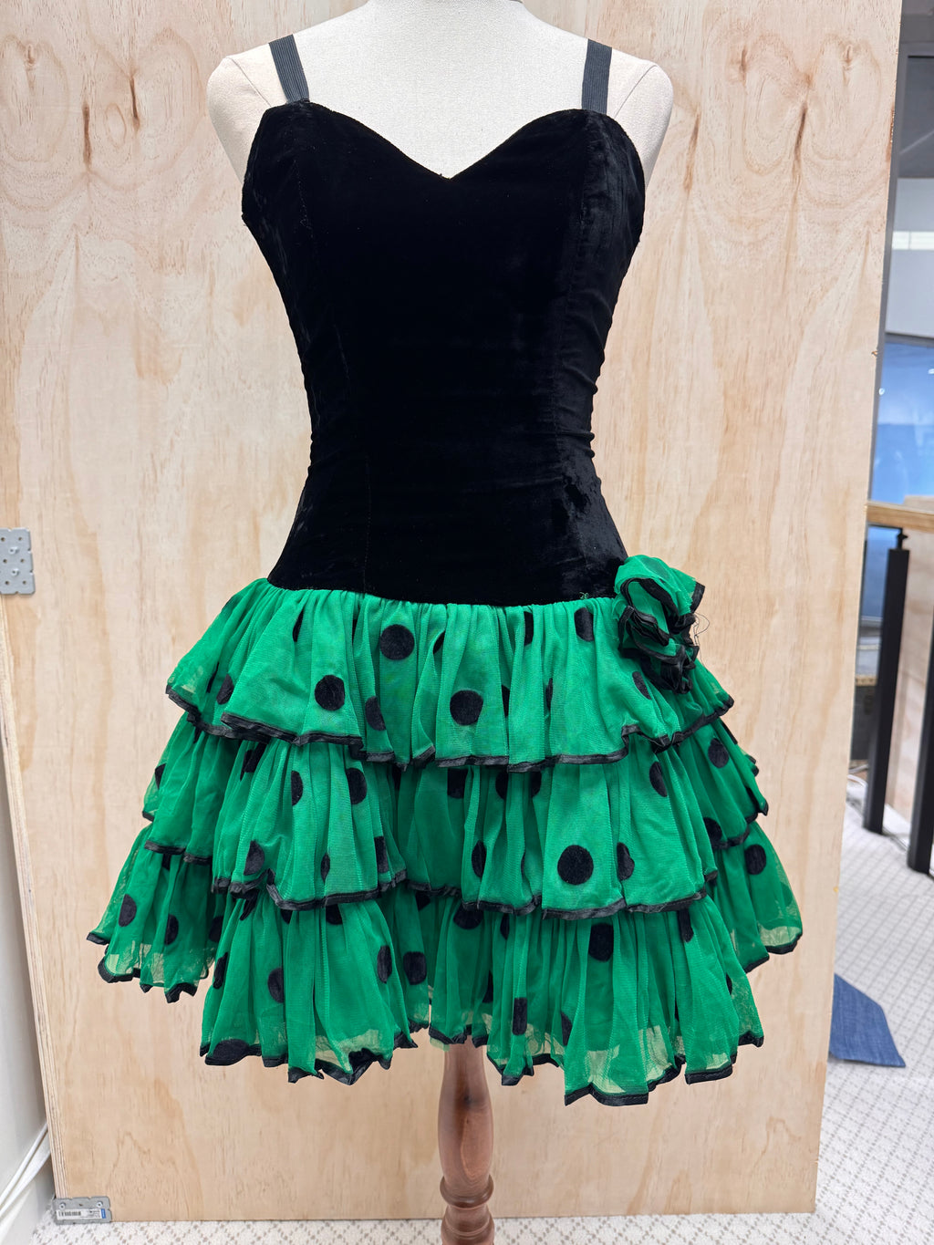 80s dress mini, green polka dot tulle skirt