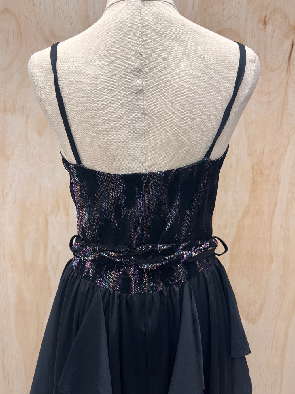 80s black ruffle midi dress