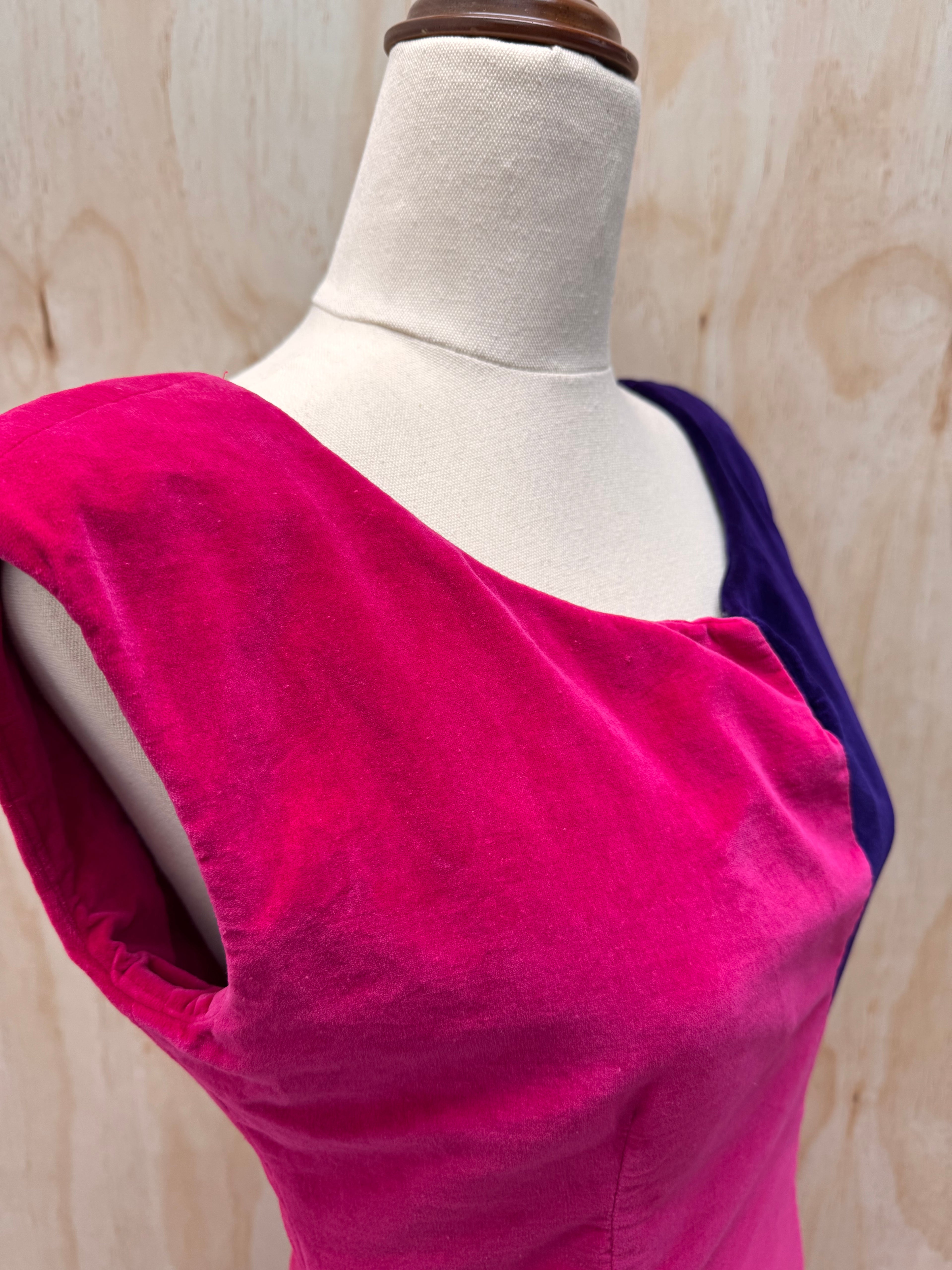 80s pink & purple asymmetrical velvet dress